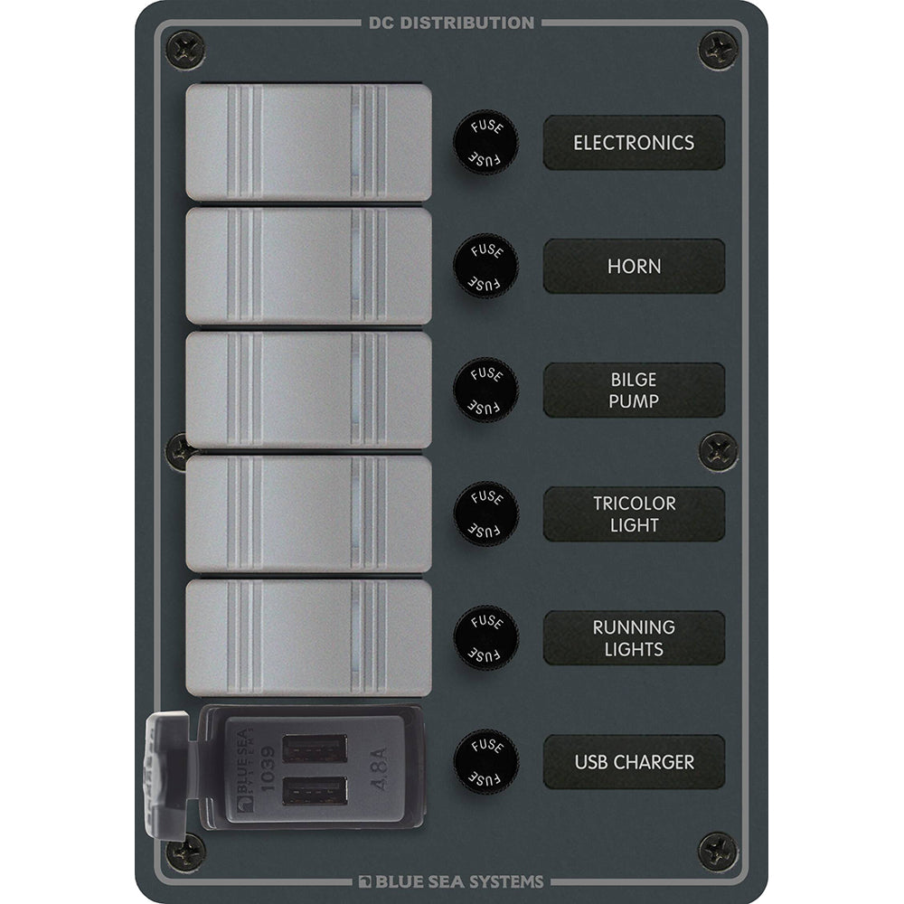 Blue Sea 8121 - 5 Position Contura Switch Panel w/Dual USB Chargers - 12/24V DC - Black - Deckhand Marine Supply