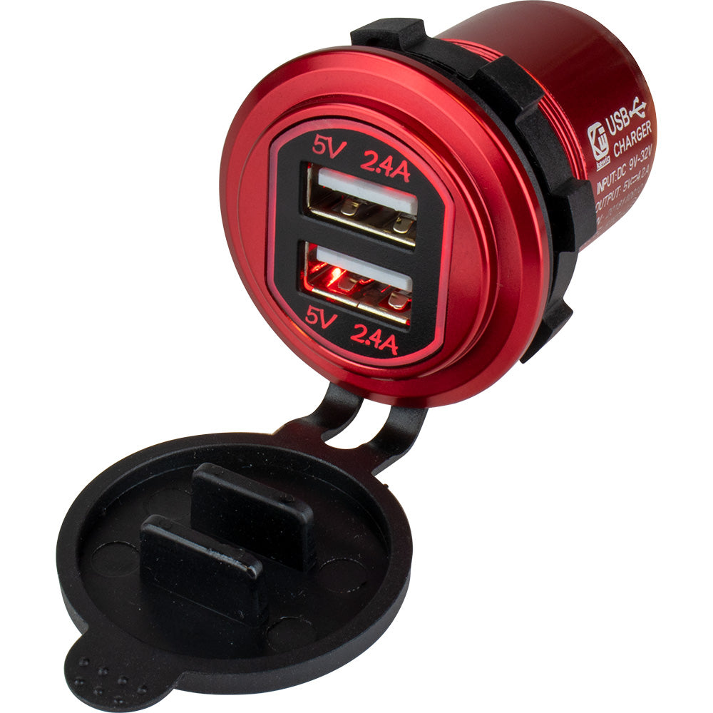 Sea-Dog Round Red Dual USB Charger w/1 Quick Charge Port + - Deckhand Marine Supply