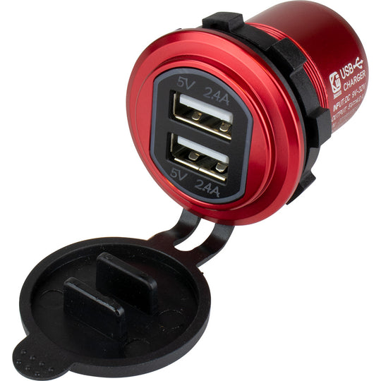 Sea-Dog Round Red Dual USB Charger w/1 Quick Charge Port + - Deckhand Marine Supply