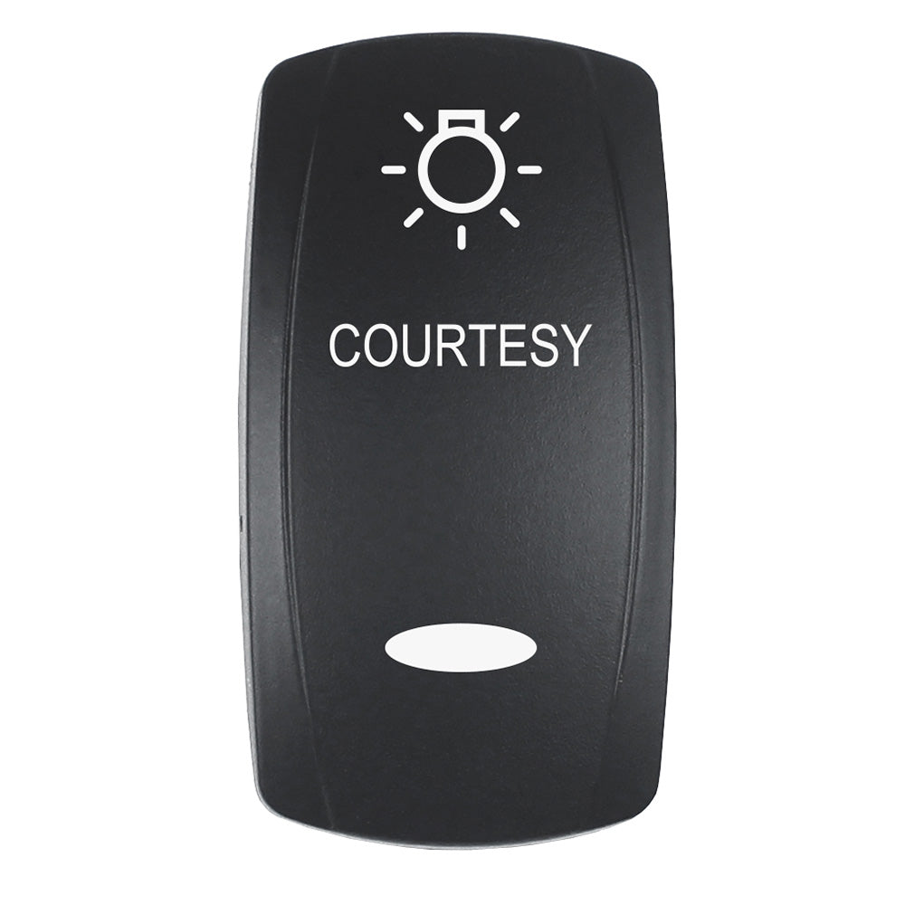 Pacer Actuator - 'COURTESY' f/V Series Contura Switches - Black - Laser Etched (Top/Bottom Light) - Deckhand Marine Supply