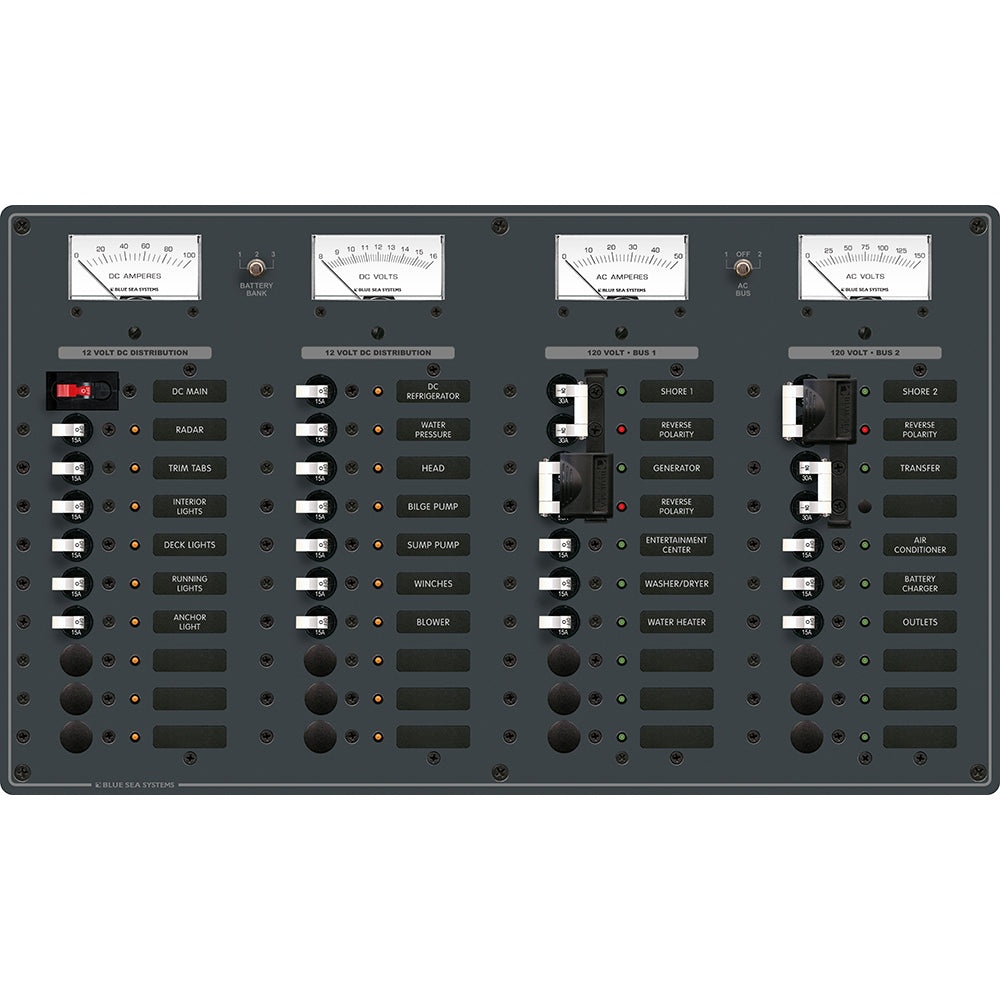 Blue Sea 8086 AC 3 Sources +12 Positions/DC Main +19 Position Toggle Circuit Breaker Panel - White Switches - Deckhand Marine Supply