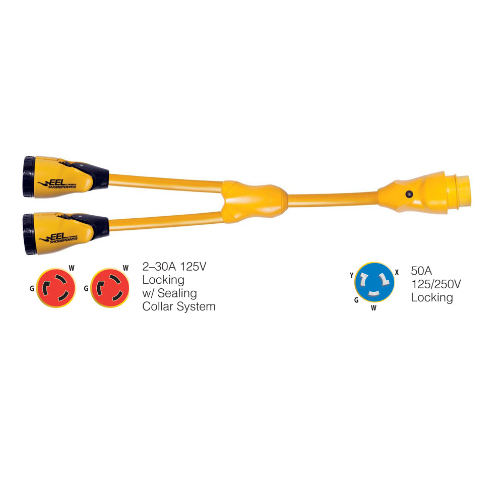 Marinco Y504-2-30 EEL (2)-30A-125V Female to (1)50A-125/250V Male "Y" Adapter - Yellow - Deckhand Marine Supply