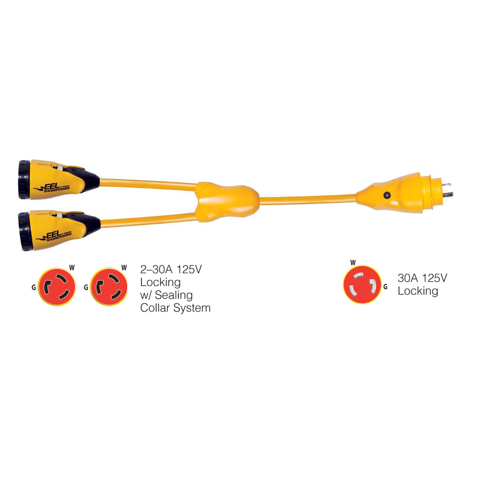 Marinco Y30-2-30 EEL (2)30A-125V Female to (1)30A-125V Male "Y" Adapter - Yellow - Deckhand Marine Supply