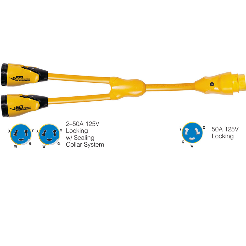 Marinco Y504-2-504 EEL (2)50A-125/250V Female to (1)50A-125/250V Male "Y" Adapter - Yellow - Deckhand Marine Supply