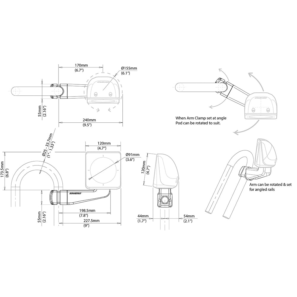 Scanstrut Scanpod Single Instrument Pod -Precut- Arm Mounted - Fits 1" - 1.3" Rails - Deckhand Marine Supply