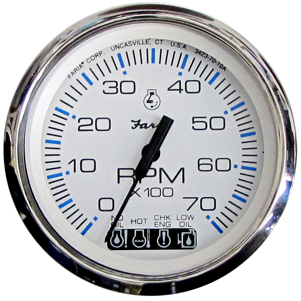 Faria Chesapeake White SS 4" Tachometer w/Systemcheck Indicator - 7000 RPM (Gas) (Johnson/Evinrude Outboard) - Deckhand Marine Supply
