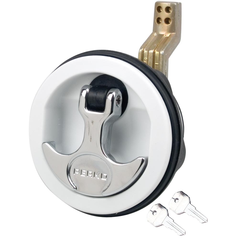 Perko Surface Mount & Latch - White Body, Chrome Handle, Offset Cam Bar, 3/4" - 2-3/8" - Deckhand Marine Supply
