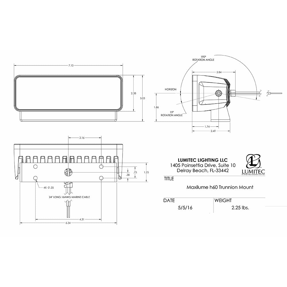 Lumitec Maxillume h60 - Trunnion Mount Flood Light - White Dimming - White Housing - Deckhand Marine Supply