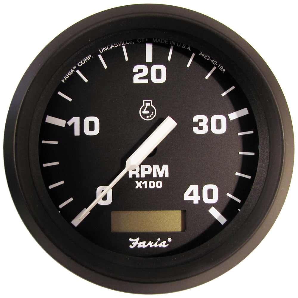 Faria Euro Black 4" Tachometer w/Hourmeter (4000 RPM) (Diesel)(Mech. Takeoff  Var. Ratio Alt.) - Deckhand Marine Supply
