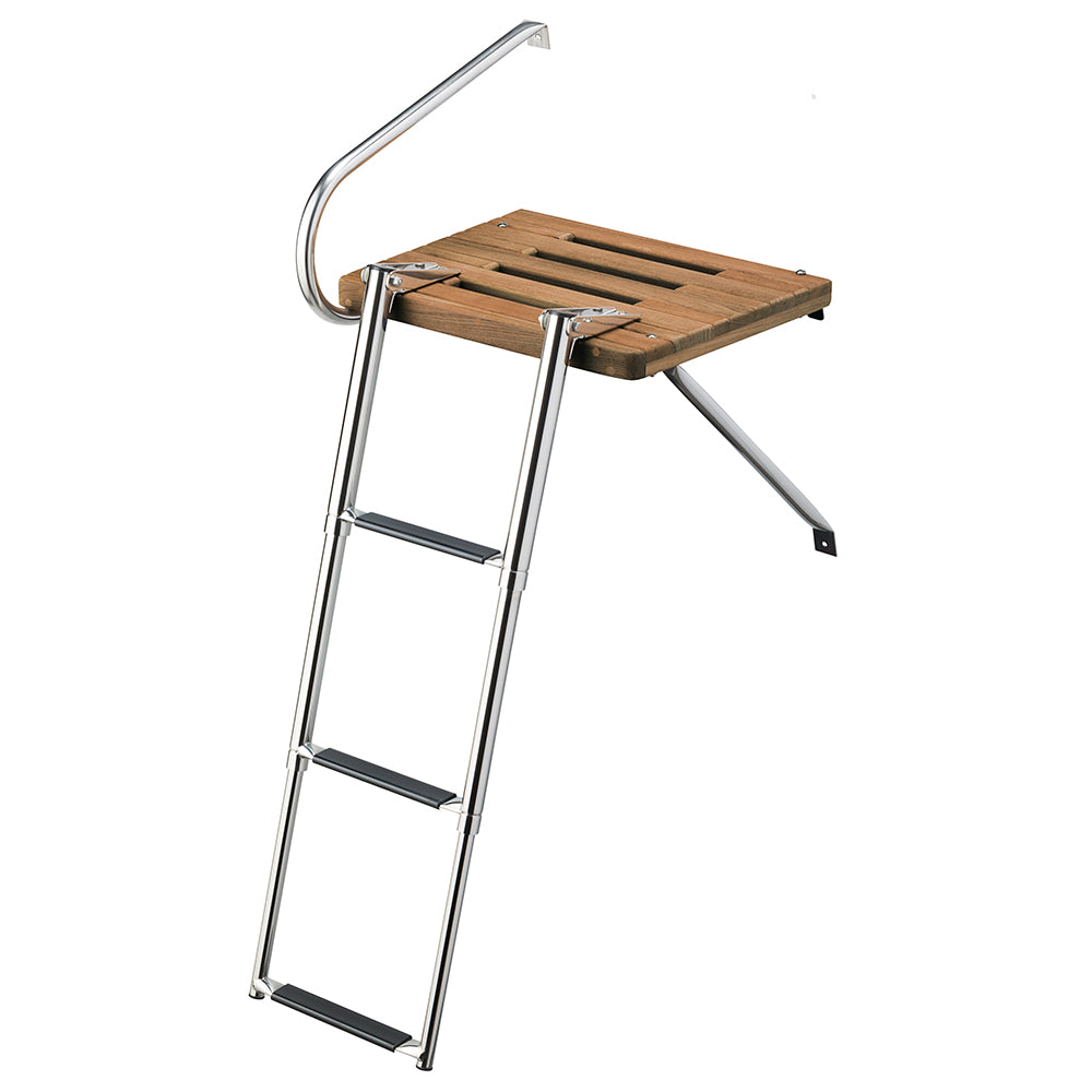 Whitecap Teak Swim Platform w/3-Step Telescoping Ladder f/Boats w/Outboard Motors - Deckhand Marine Supply
