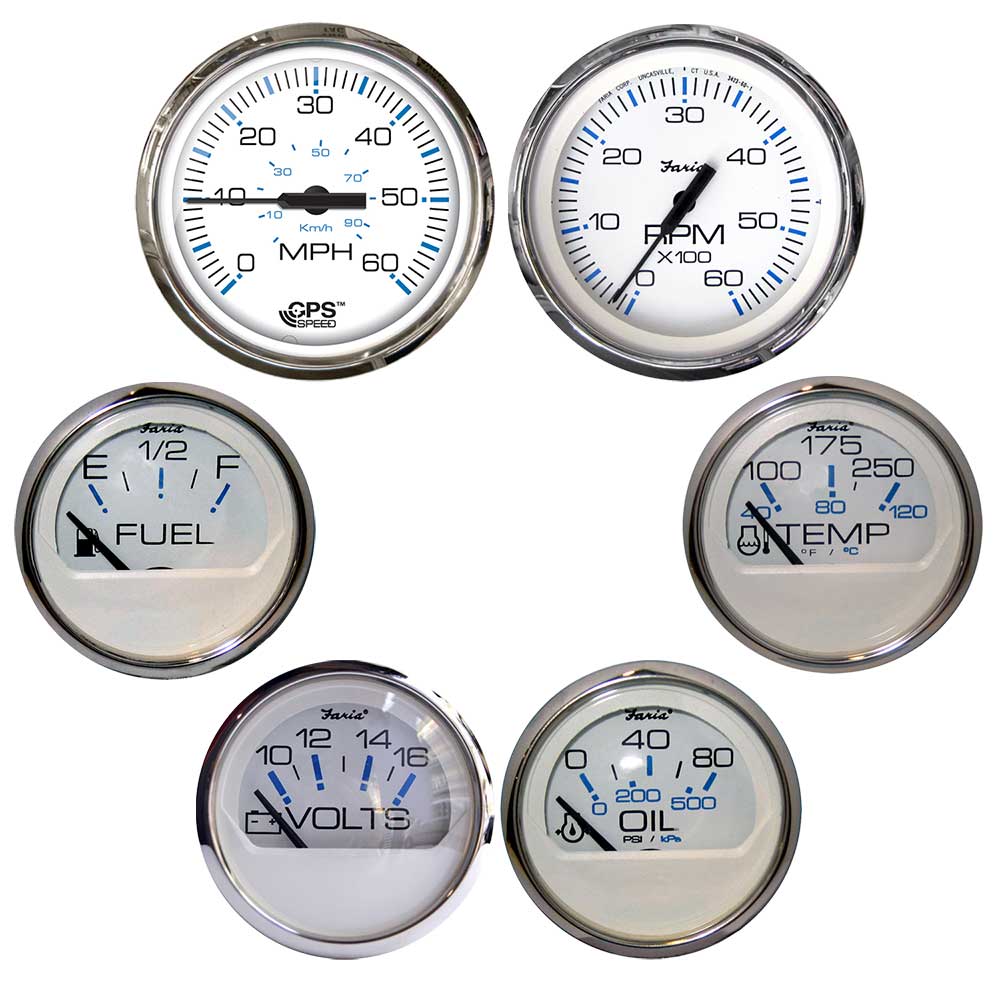 Faria Chesapeake White w/Stainless Steel Bezel Boxed Set of 6 - Speed, Tach, Fuel Level, Voltmeter, Water Temperature  Oil PSI - Inboard Motors - Deckhand Marine Supply