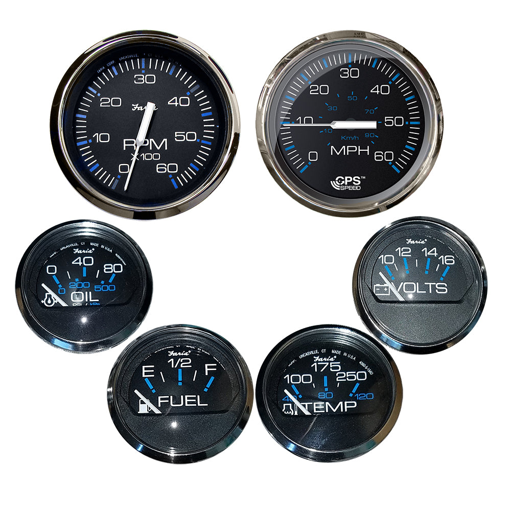 Faria Chesapeake Black w/Stainless Steel Bezel Boxed Set of 6 - Speed, Tach, Fuel Level, Voltmeter, Water Temperature  Oil PSI - Inboard Motors - Deckhand Marine Supply