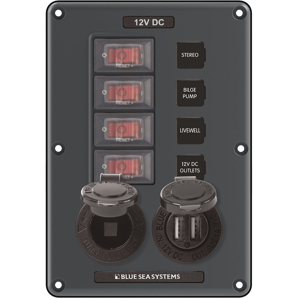 Blue Sea 4321 Circuit Breaker Switch Panel 4 Position - Gray w/12V Socket  Dual USB - Deckhand Marine Supply