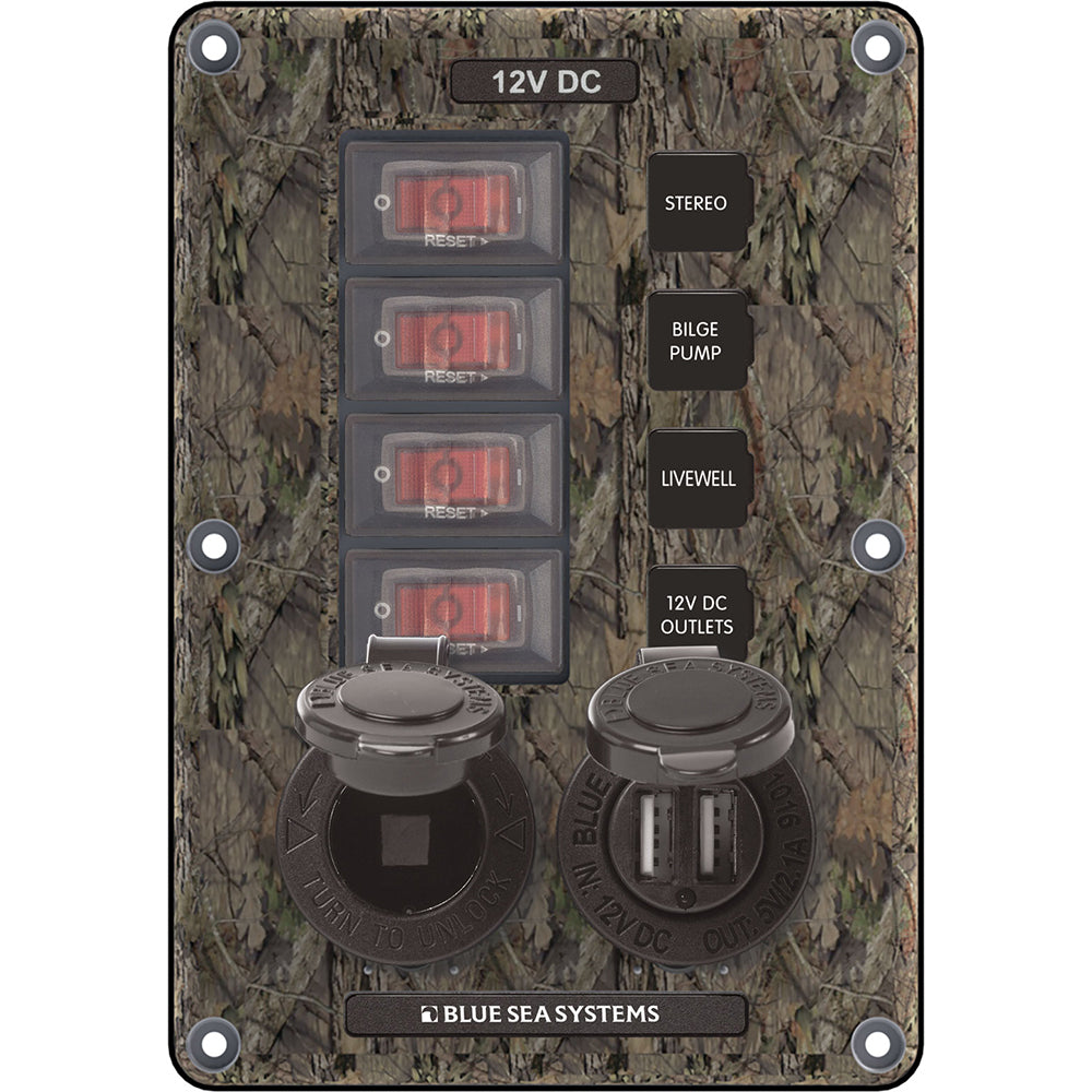 Blue Sea 4324 Circuit Breaker Switch Panel 4 Postion - Camo w/12V Socket  Dual USB - Deckhand Marine Supply