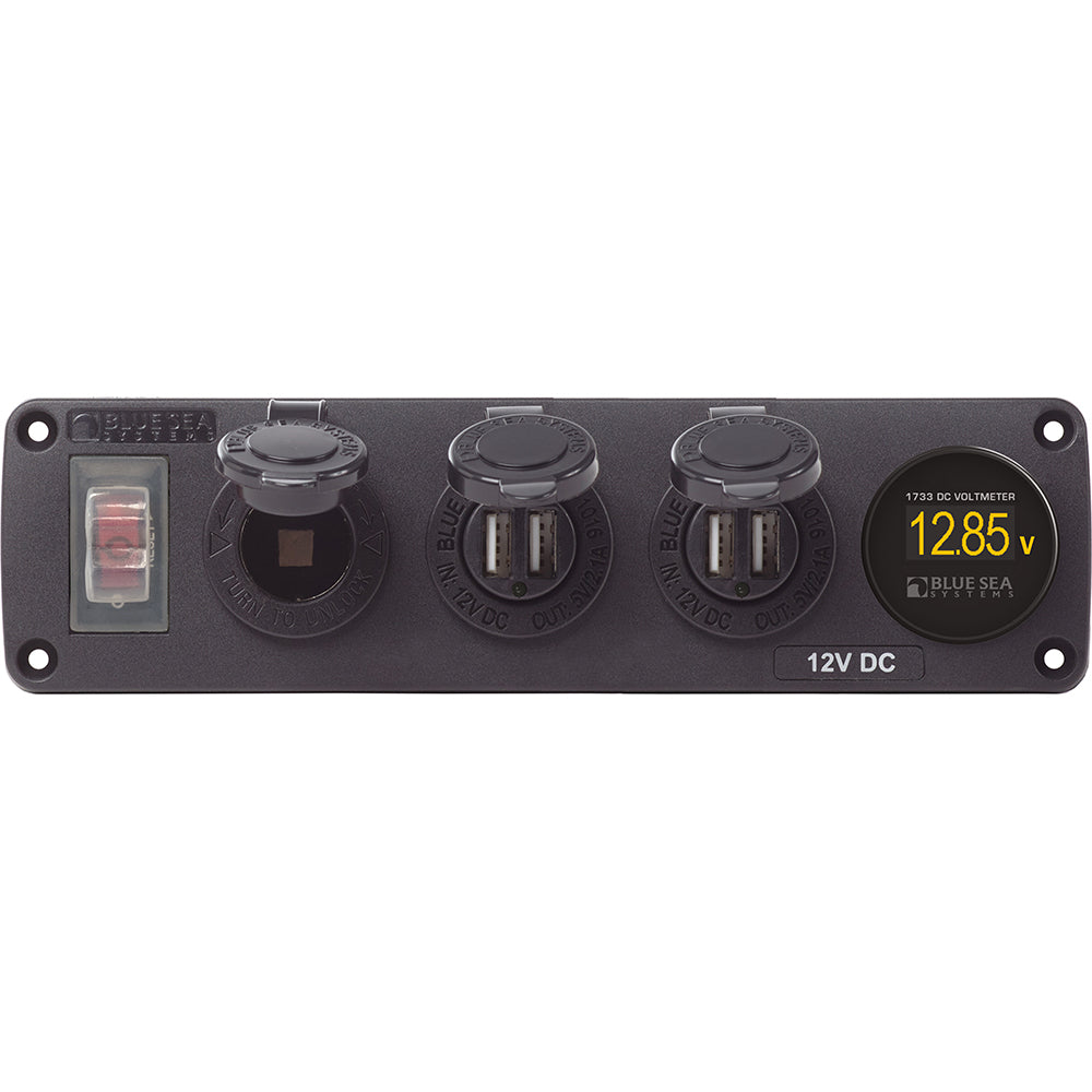Blue Sea 4368 Water Resistant USB Accessory Panel - 12V Socket, 2x 2.1A Dual USB Chargers, Mini Voltmeter - Deckhand Marine Supply