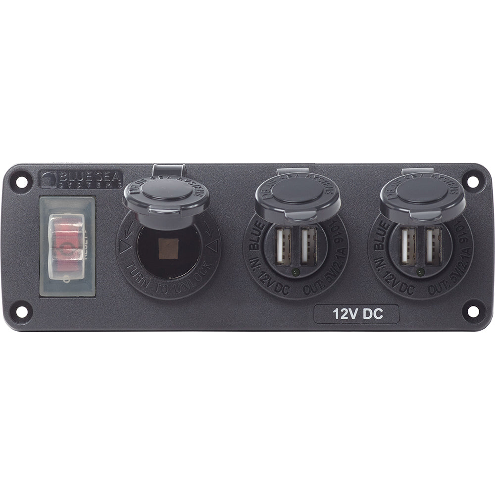 Blue Sea 4365 Water Resistant USB Accessory Panel - 15A Circuit Breaker, 12V Socket, 2x 2.1A Dual USB Chargers - Deckhand Marine Supply