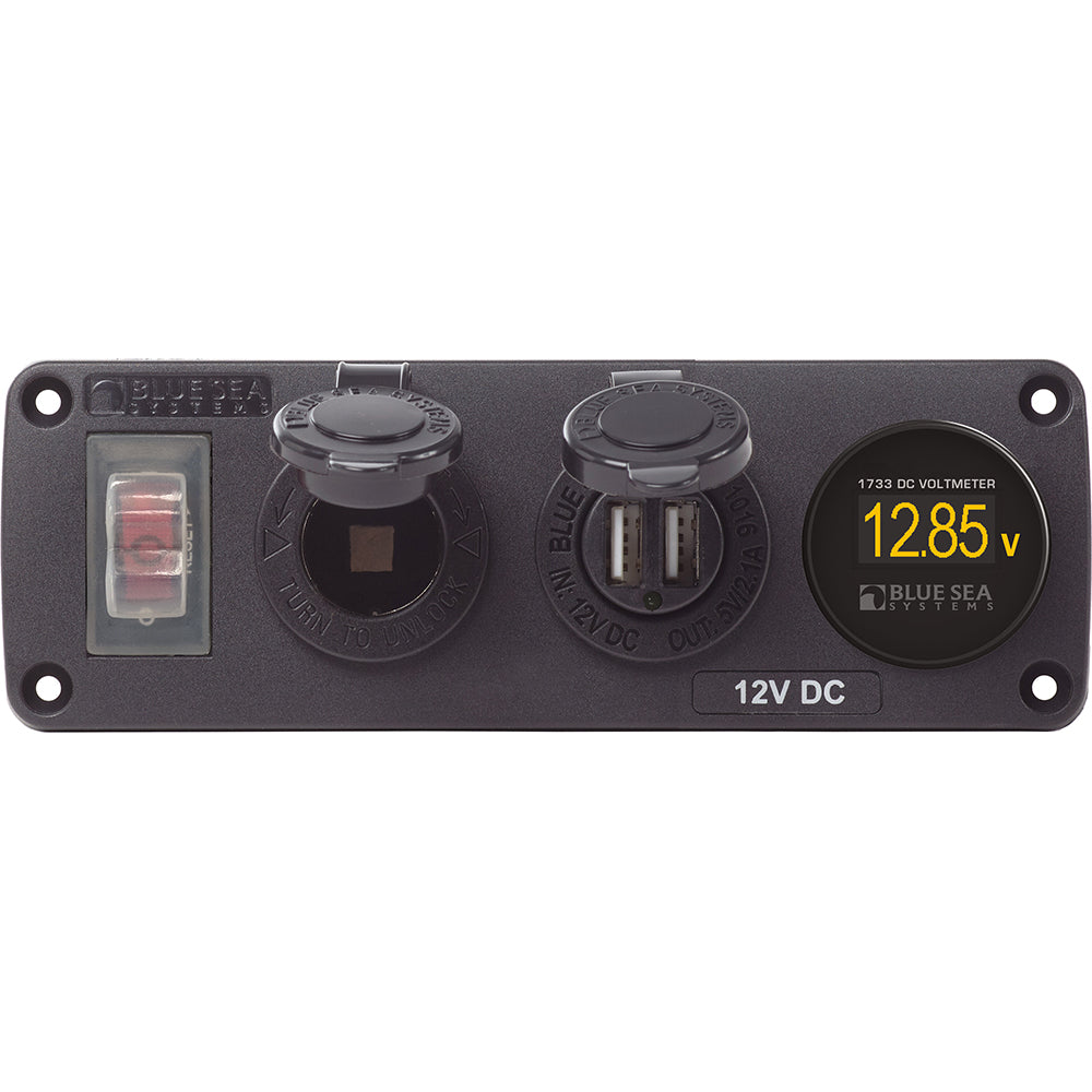 Blue Sea 4366 Water Resistant USB Accessory Panel - Circuit Breaker, 12V Socket, Dual USB Charger, Mini Voltmeter - Deckhand Marine Supply