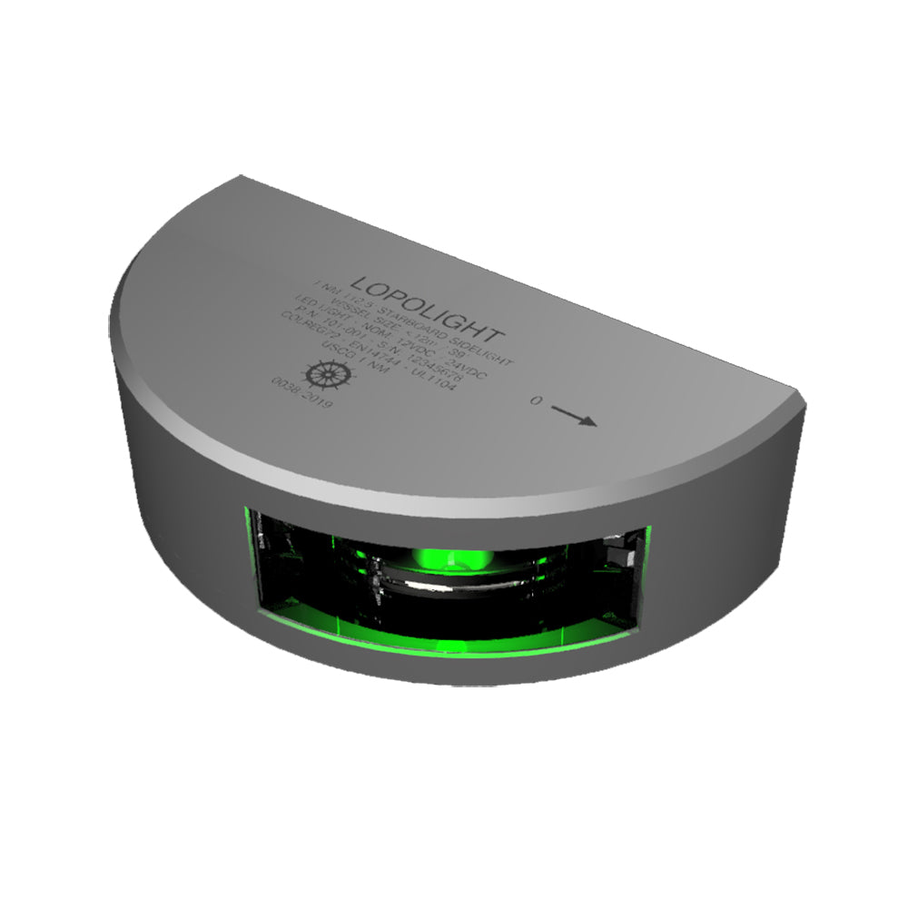 Lopolight Series 101-001 - Starboard Side Light - 1NM - Vertical Mount - Green - Silver Housing - Deckhand Marine Supply
