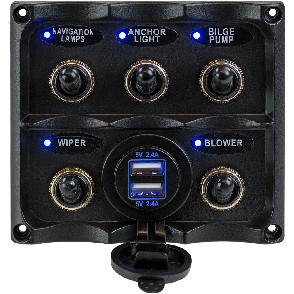 Sea-Dog Water Resistant Toggle Switch Panel w/USB Power Socket - 5 Toggle - Deckhand Marine Supply