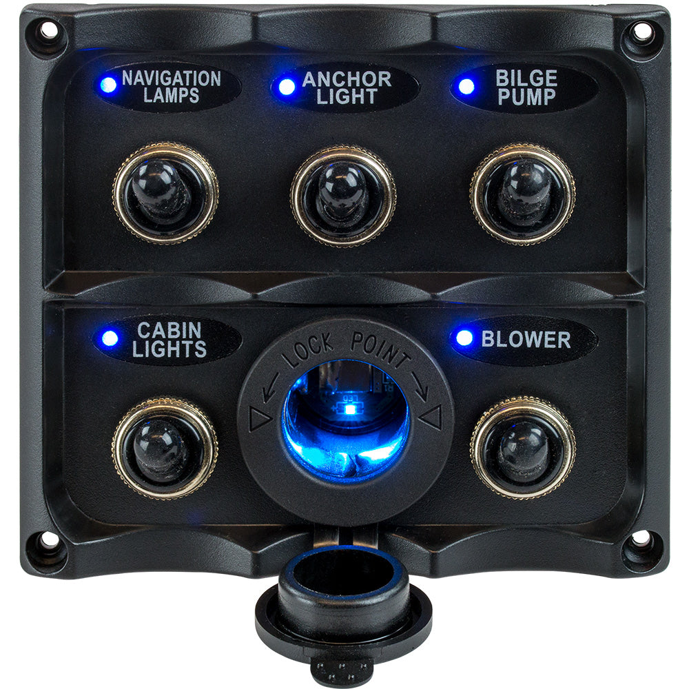 Sea-Dog Water Resistant Toggle Switch Panel w/LED Power Socket - 5 Toggle - Deckhand Marine Supply