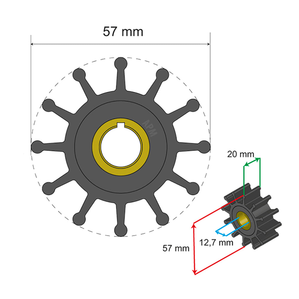 Albin Group Premium Impeller Kit 57 x 12.7 x 20mm - 12 Blade - Key Insert - Deckhand Marine Supply