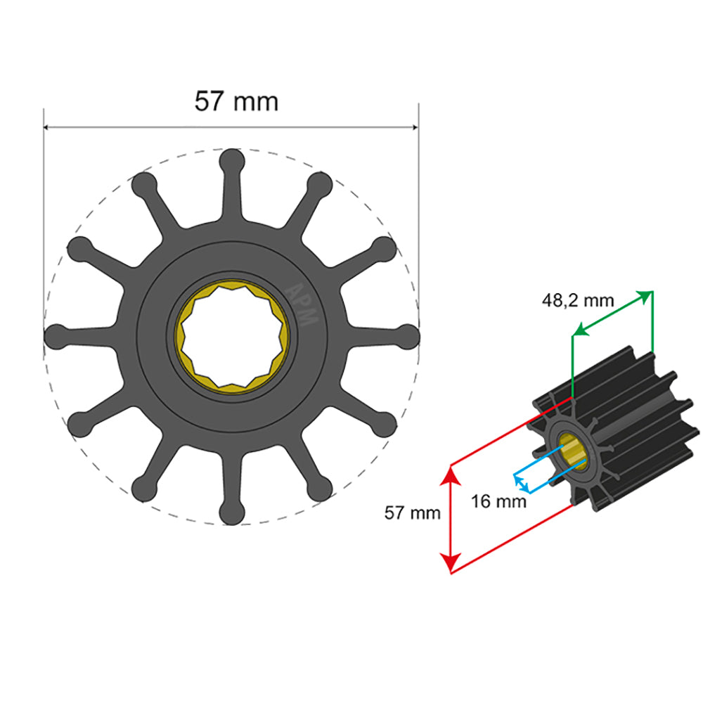 Albin Group Premium Impeller Kit 57 x 16 x 48.2mm - 12 Blade - Spline Insert - Deckhand Marine Supply