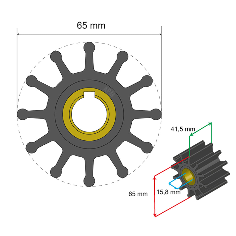 Albin Group Premium Impeller Kit 65 x 15.8 x 41.5mm - 12 Blade - Key Insert - Deckhand Marine Supply