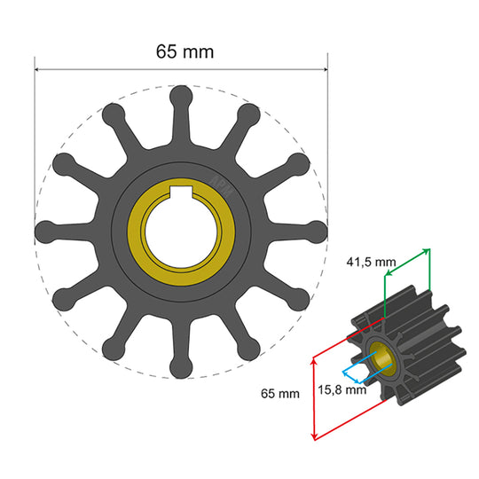 Albin Group Premium Impeller Kit 65 x 15.8 x 41.5mm - 12 Blade - Key Insert - Deckhand Marine Supply