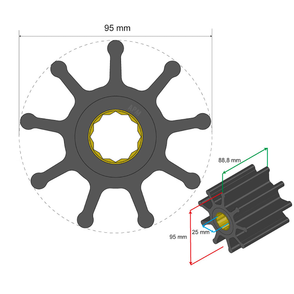 Albin Group Premium Impeller Kit 95 x 25 x 88.8mm - 9 Blade - Spline Insert - Deckhand Marine Supply