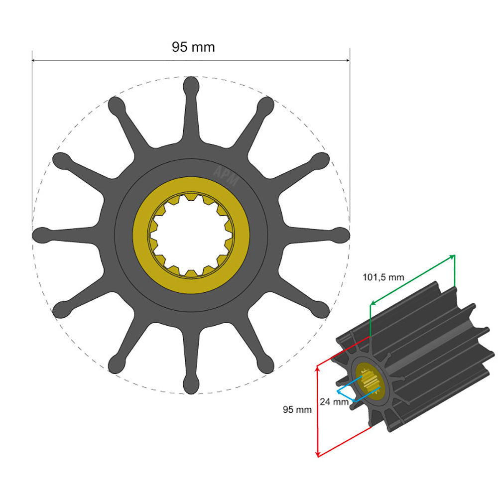 Albin Group Premium Impeller Kit 95 x 24 x 101.5mm - 12 Blade - Spline Insert - Deckhand Marine Supply
