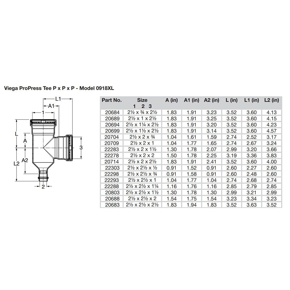 Viega ProPress 2-1/2" Copper Tee - Triple Press Connection - Smart Connect Technology - Deckhand Marine Supply