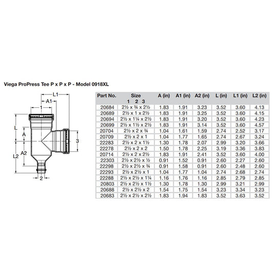Viega ProPress 2-1/2" Copper Tee - Triple Press Connection - Smart Connect Technology - Deckhand Marine Supply