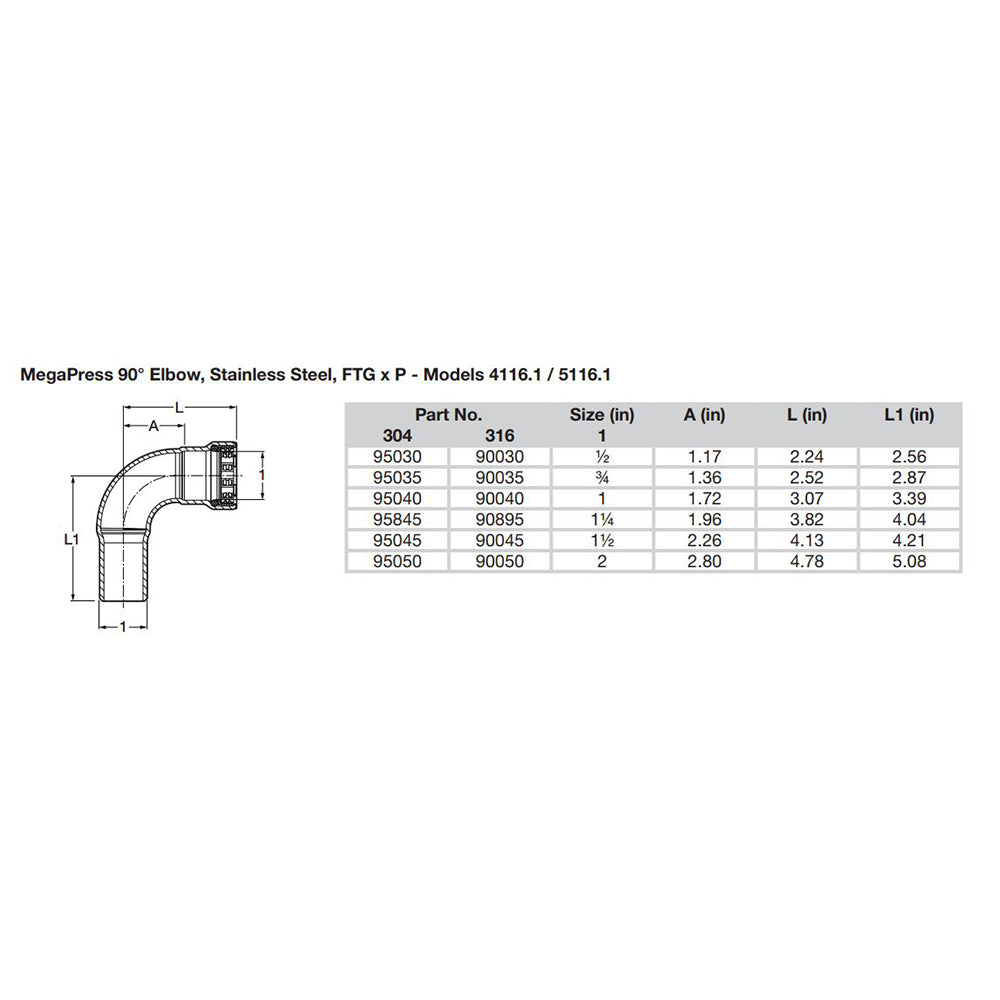 Viega MegaPress 3/4" 90 Stainless Steel 304 Elbow Street - Press Connection - Smart Connect Technology - Deckhand Marine Supply