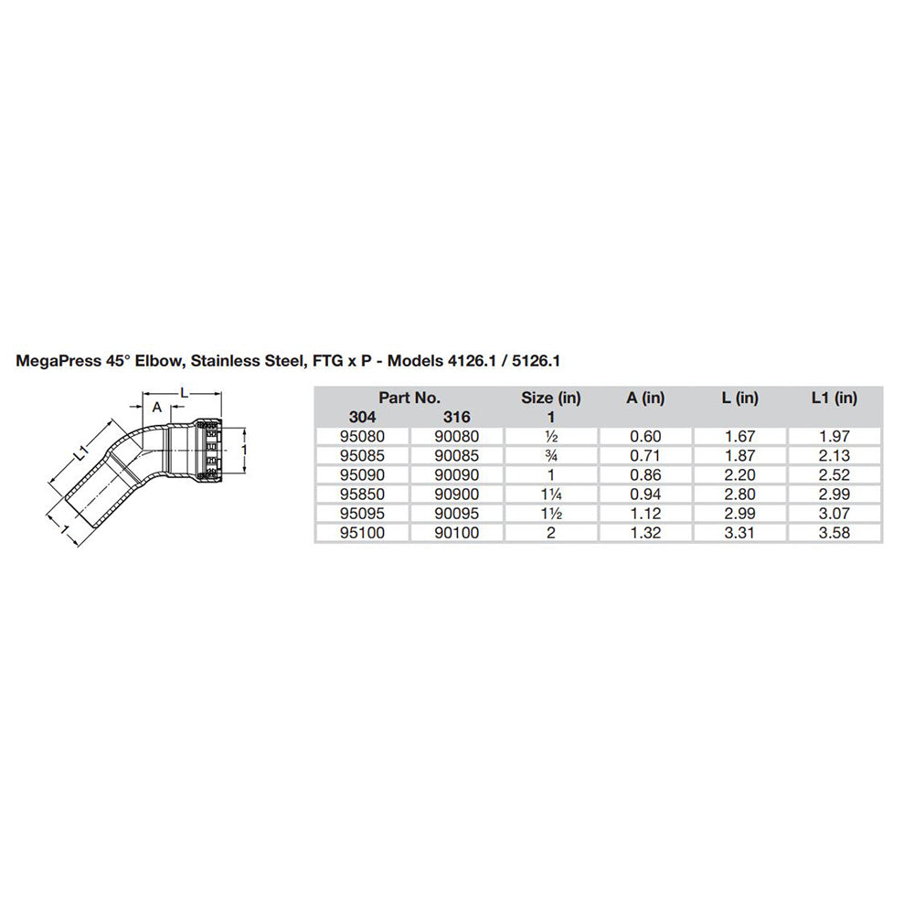 Viega MegaPress 1-1/2" 45 Stainless Steel 304 Elbow Street - Press Connection - Smart Connect Technology - Deckhand Marine Supply