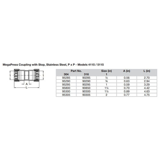Viega MegaPress 1-1/2" Stainless Steel 304 Coupling w/Stop - Double Press Connection - Smart Connect Technology - Deckhand Marine Supply