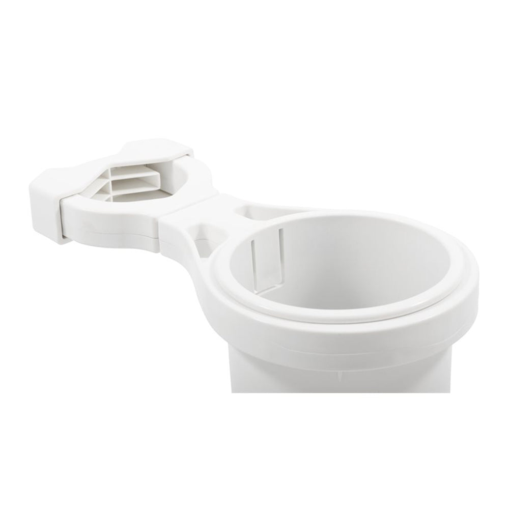 Camco Clamp-On Rail Mounted Cup Holder - Small for Up to 1-1/4" Rail - White - Deckhand Marine Supply