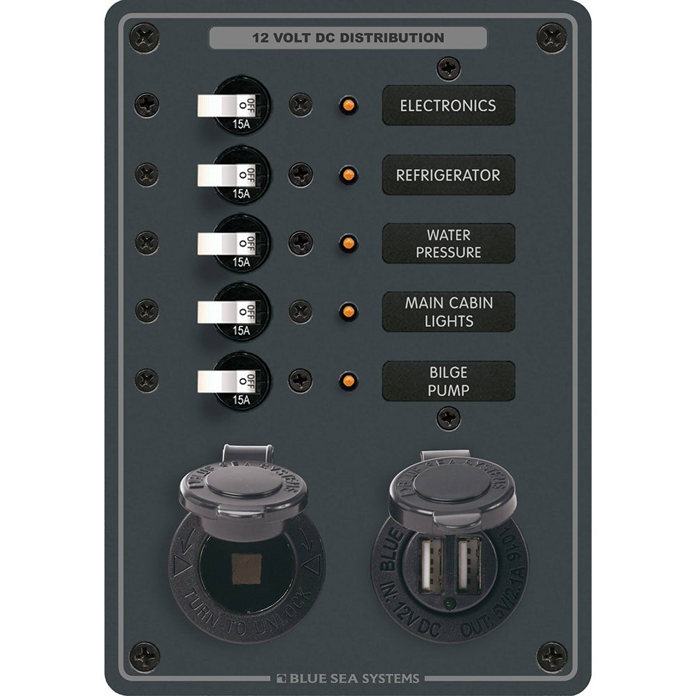 Blue Sea 8120 - 5 Position 12V Panel w/Dual USB  12V Socket - Deckhand Marine Supply