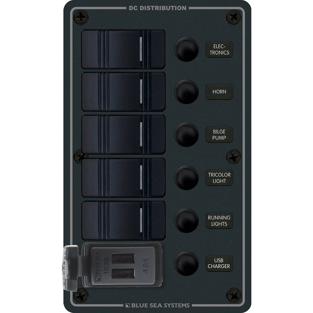 Blue Sea 8521 - 5 Position Contura Switch Panel w/Dual USB Chargers - 12/24V DC - Black - Deckhand Marine Supply
