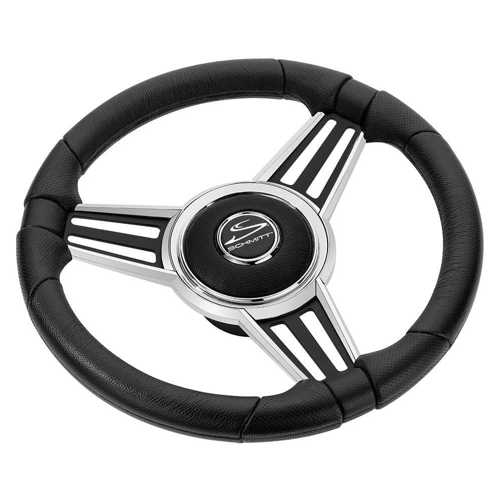 Schmitt Marine PU30 14" Wheel - Chrome Cap  Spoke Inserts - Black Spokes - 3/4" Tapered Shaft - Deckhand Marine Supply